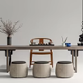 Modern Minimalist Tea Table and Chairs with Stools Tea Set Vase and Branches 3d model
