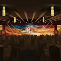 Traditional Themed Stage With Large Backdrop Screen Radial Lighting And Central Figure