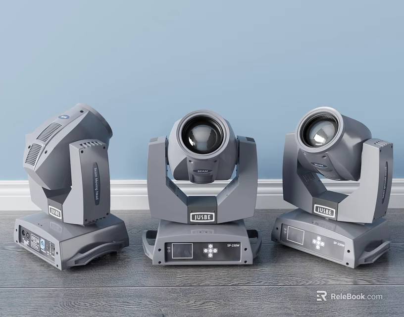 Three Gray Stage Moving Head Decorative Lights On Blue Wall And Wooden Floor 3d model 