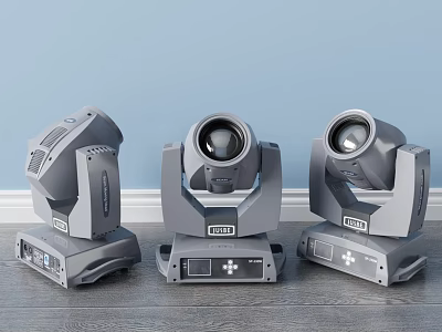 Three Gray Stage Moving Head Decorative Lights On Blue Wall And Wooden Floor 3d model