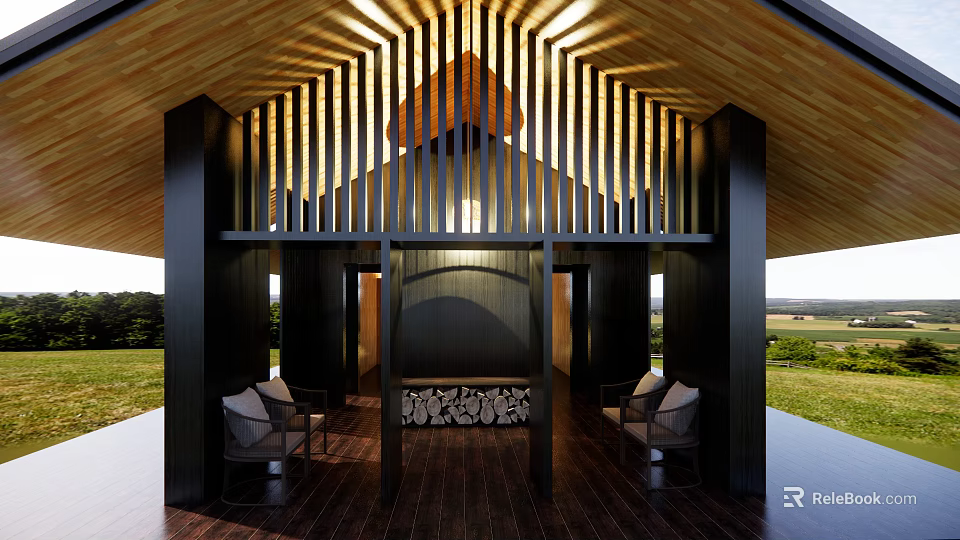 Modern Architectural Entrance With Wooden Roof Vertical Slats Black Columns Indoor Fireplace And Seats 3d model 