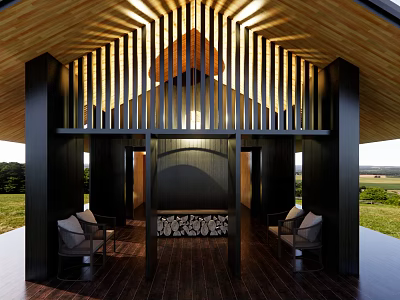 Modern Architectural Entrance With Wooden Roof Vertical Slats Black Columns Indoor Fireplace And Seats 3d model