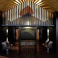 Modern Architectural Entrance With Wooden Roof Vertical Slats Black Columns Indoor Fireplace And Seats