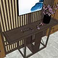 Elegant Console Table Interior With Black Vase Purple Flowers And Wooden Panel