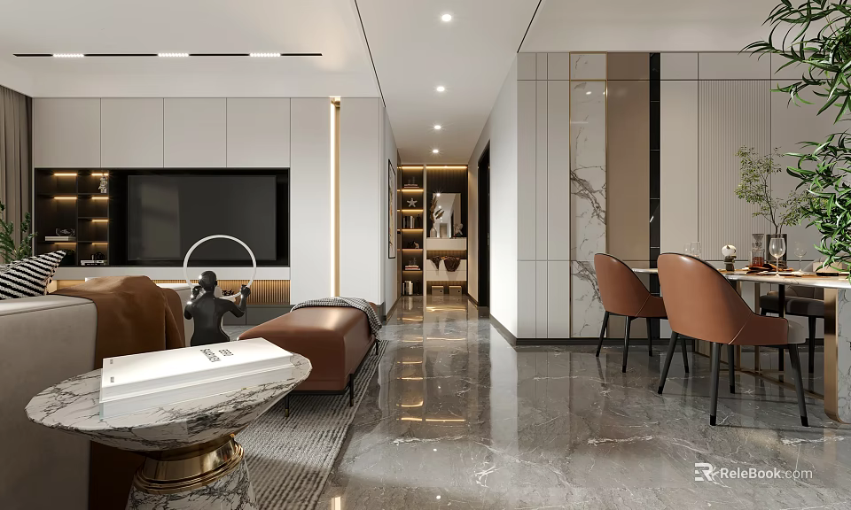 Modern Living and Dining Room Interior With Marble Floor TV Wall and Sofa Dining Set 3d model