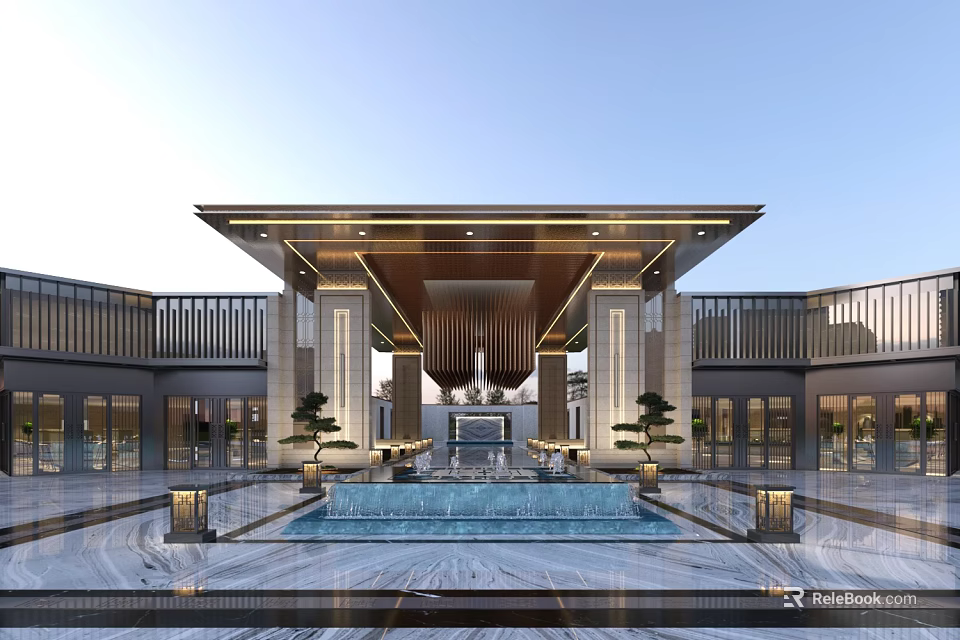 Elegant Entrance Gate Design with Grand Canopy Water Pool and Marble Floor 3d model 