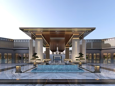 Elegant Entrance Gate Design with Grand Canopy Water Pool and Marble Floor 3d model