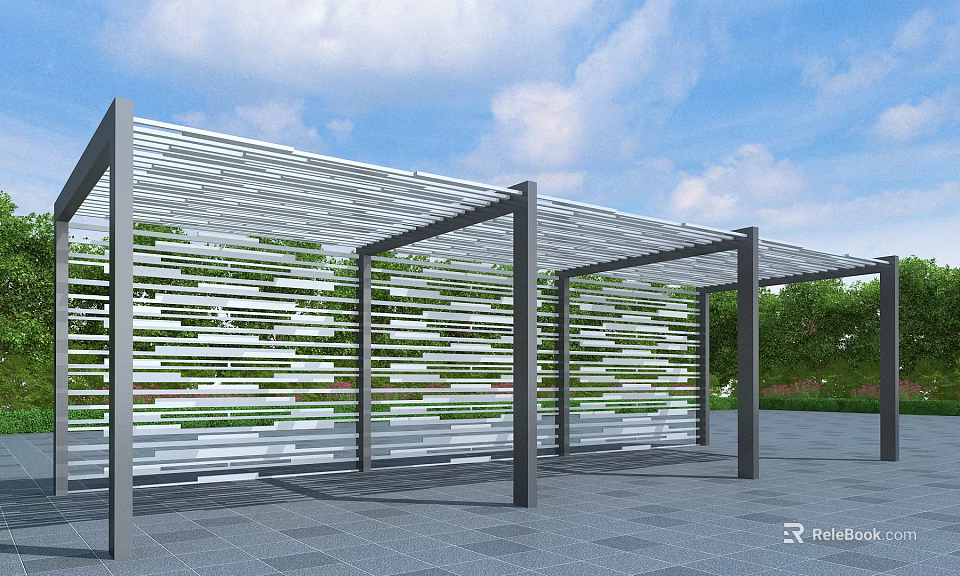 Modern Outdoor Pergola with Metal Frame Transparent Roof and Green White Decorative Panels Under Blue Sky 3d model 