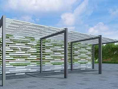 Modern Outdoor Pergola with Metal Frame Transparent Roof and Green White Decorative Panels Under Blue Sky 3d model