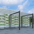 Modern Outdoor Pergola with Metal Frame Transparent Roof and Green White Decorative Panels Under Blue Sky