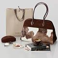 Stylish Beige Tote Bag And Brown Cowhide Pattern Handbag With Cosmetics Coffee And Books