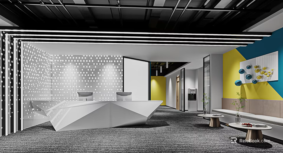Modern Office Reception Desk Design With Geometric Shape Yellow Wall And Polka Dot Decor 3d model 