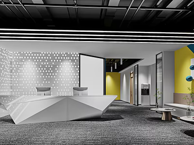 Modern Office Reception Desk Design With Geometric Shape Yellow Wall And Polka Dot Decor 3d model