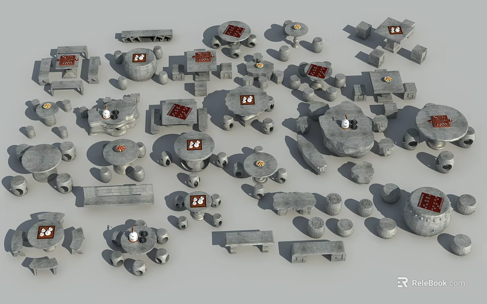 Multiple Stone Outdoor Tables With Round Square Tabletops And Decorative Accessories 3d model