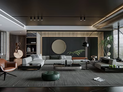Modern Living Room Interior With Dark Ceiling Wooden Wall Round Decorative Painting And Striped Rug 3d model