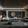 Modern Living Room Interior With Dark Ceiling Wooden Wall Round Decorative Painting And Striped Rug