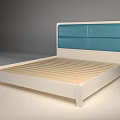Double Bed with Blue Upholstered Headboard White Frame and Wooden Slats in Modern Minimalist Style