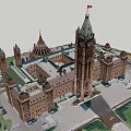 Historic Office Building Featuring Clock Tower Canadian Flag and Classical Architecture 3d model