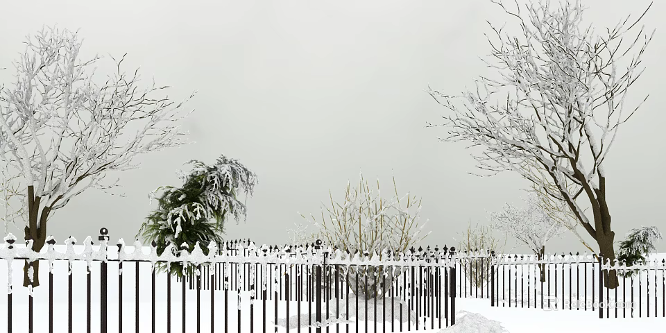 Snow Covered Landscape With Black Fence And Trees 3d model 