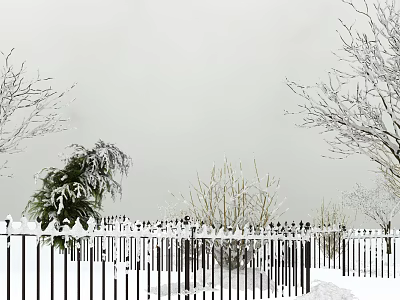 Snow Covered Landscape With Black Fence And Trees 3d model