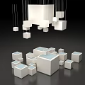 Art Installation Featuring Hanging And Floor Placed White Cubes On Black Background With Reflective Surface 3d model