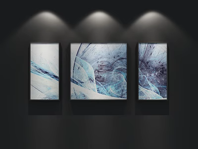 Abstract Paintings With Blue White Patterns Hanging On Dark Wall Under Spotlights 3d model