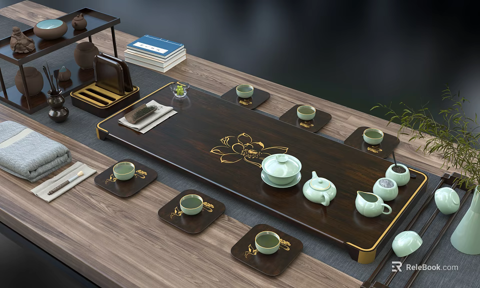 Traditional Chinese Tea Set With Wooden Tray Teapot Cups And Golden Patterns 3d model 