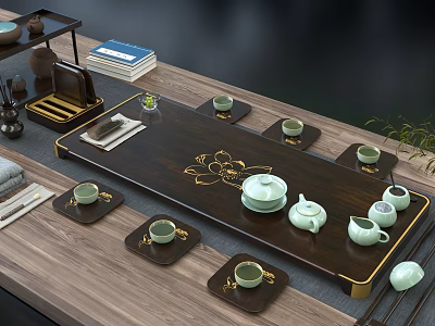Traditional Chinese Tea Set With Wooden Tray Teapot Cups And Golden Patterns 3d model