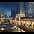 Modern Commercial Street With Multi story Buildings Shops Pedestrians And Bright Night Lighting