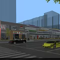 Bustling Commercial Street With Modern Glass Facades Colorful Stores Cars Pedestrians And Trees