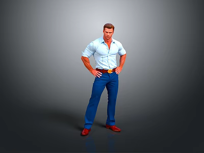 Man Standing with Hands on Hips Light Blue Shirt Blue Pants Red Shoes Gray Background 3d model