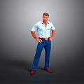Man Standing with Hands on Hips Light Blue Shirt Blue Pants Red Shoes Gray Background