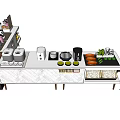 Modern Display Shelf With Kitchen Appliances Vegetables Drawers And Countertop