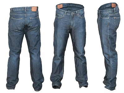 Dark Blue Straight Leg Denim Jeans With Back Front Side Views And Leather Label 3d model