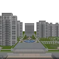 Modern High Rise Residential Buildings With Landscaped Gardens Central Fountain And Open Green Spaces