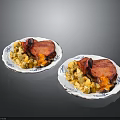 Delicious Grilled Meat Dish With Potatoes And Carrots On White Patterned Plates