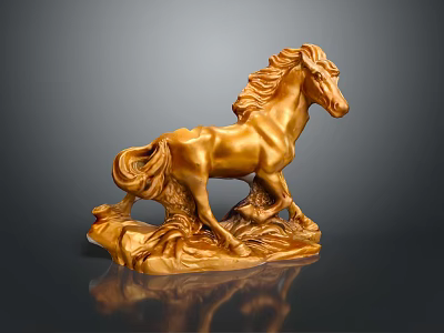 Exquisite Golden Horse Sculpture Carving With Artistic Details And Decorative Base Design 3d model