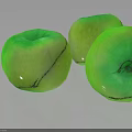Three Shiny Green Apples With Glossy Surface On Dark Background And Clear Reflections
