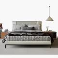 Modern Upholstered Double Bed With Gray Pillows Bedside Tables Pendant Light And Soft Carpet