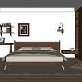 Modern Bedroom Interior With Wooden Bed Desk Chair Framed Painting And Wall Lamp