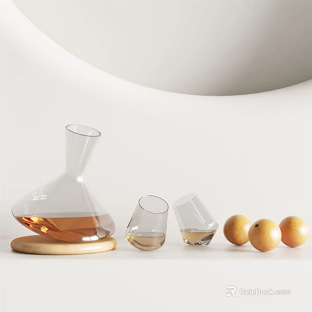 Elegant Glass Decanter Wine Glasses And Oranges On Wooden Base Tableware Set 3d model 