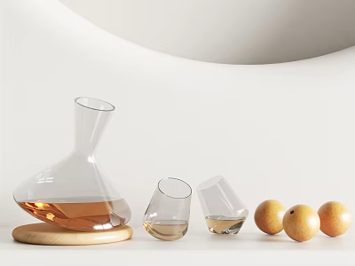 Elegant Glass Decanter Wine Glasses And Oranges On Wooden Base Tableware Set 3d model