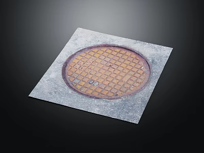 Rustic Grid Patterned Manhole Cover On Square Pavement Slab With Metal Frame And Weathered Surface 3d model