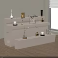 Beige Wavy Design Display Cabinet With Perfume Bottles Decorative Items And Candles In Bright Room