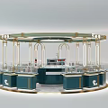 Silver Jewelry Store Circular Booth With Blue Counters Golden Frames And Glass Displays