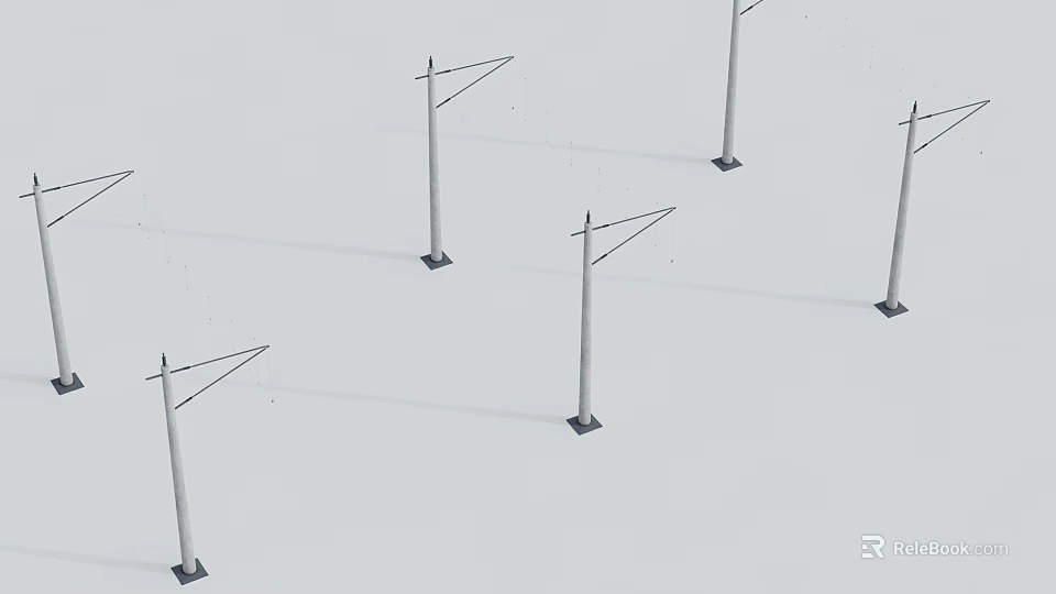 Multiple Electric Poles Standing On White Background With Crossbars And Bases 3d model