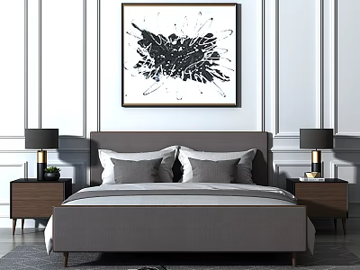 Minimalist Double Bed with Gray Headboard Two Gray Pillows Black Table Lamps and Nightstands 3d model