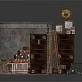 Vintage Furniture Display With Bookshelves Ladder Cabinet Rug Trunk Clock And Decorative Frames