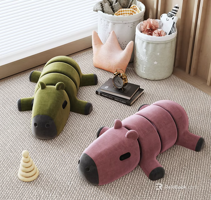 Cute Green And Pink Hippo Shaped Kids Chairs On Carpet 3d model 
