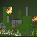 Decorative Floral Display with Green White Cubes Orange Flowers and Colorful Garden Plants